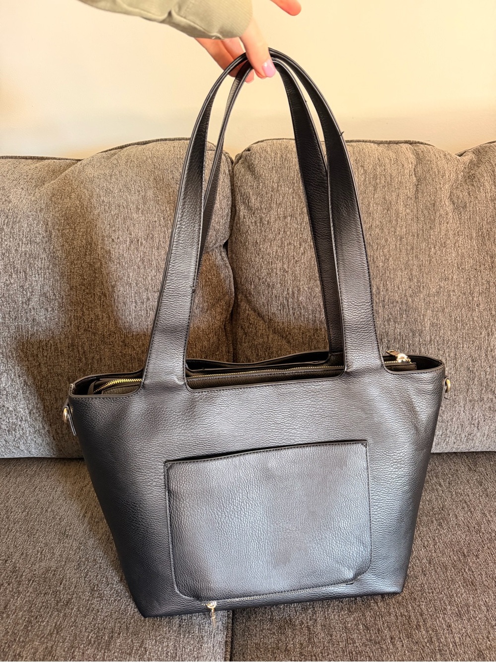 Poppy & Peonies Black Leather Tote with Gold Hardware - Picture 2 of 4